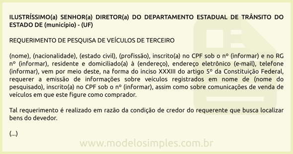 Modelo de Requerimento de Pesquisa de Veículos de Terceiro no Detran