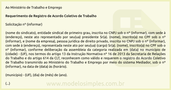 Modelo de Requerimento de Registro de Acordo Coletivo de 