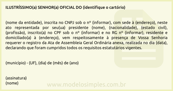 Modelo de Requerimento de Registro de Ata de Assembleia em 