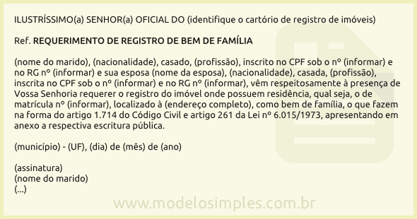 Modelo de Requerimento de Registro de Bem de Família