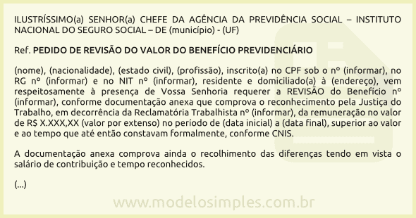 Modelo de Requerimento de Revisão do Valor do Benefício Previdenciário