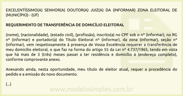 Modelo de Requerimento de Transferência de Domicílio Eleitoral 