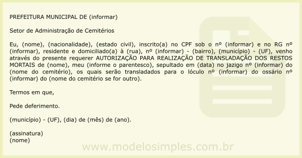 Modelo de Requerimento de Transladação de Restos Mortais para Ossário