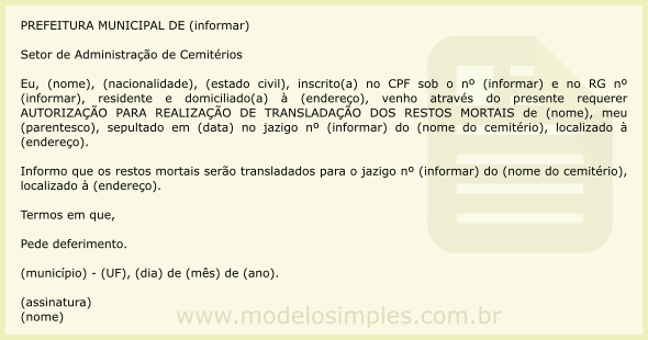 Modelo de Requerimento de Transladação de Restos Mortais 