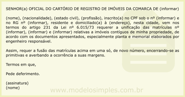 Modelo de Requerimento de Unificação de Matrículas de Imóveis