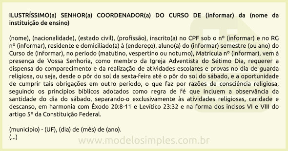 Modelo de Requerimento do Estudante para Guarda do Sábado