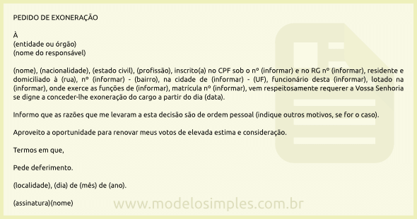 Modelo de Requerimento para Exoneração de Cargo Público