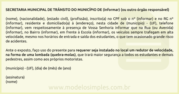 Modelo de Requerimento para Instalação de Redutor de Velocidade