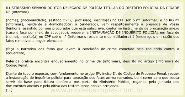 Modelo de Requerimento para Instauração de Inquérito Policial