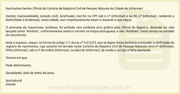 Modelo de Requerimento para Retificação de Nome com Erro 