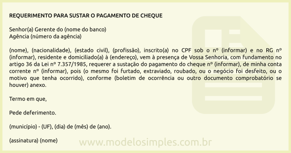 Modelo de Requerimento para Sustar o Pagamento do Cheque