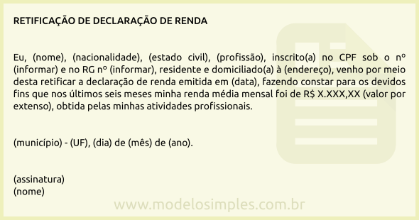 Modelo de Retificação de Declaração de Renda