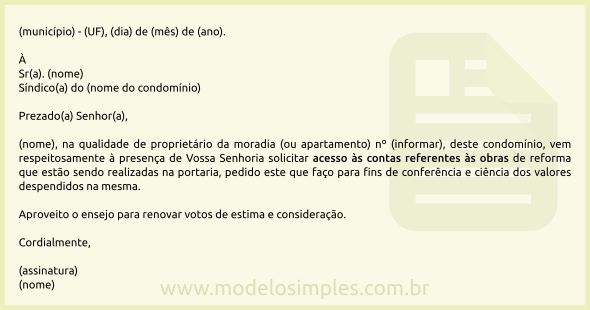 Modelo de Solicitação ao Síndico para Acesso à Contas de Obra