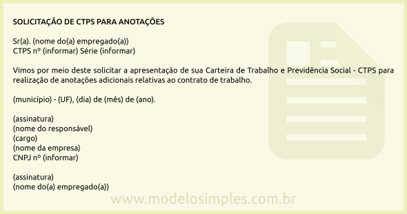 Modelo de Solicitação da CTPS do Empregado para Anotações