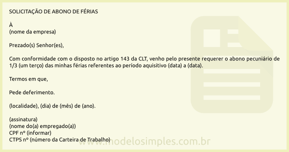 Modelo de Solicitação de Abono de Férias