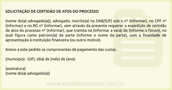 Modelo de Solicitação de Certidão de atos do Processo