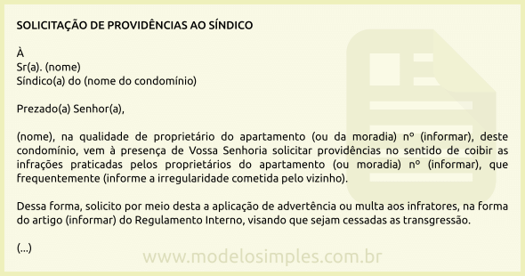 Modelo de Solicitação de Providências ao Síndico