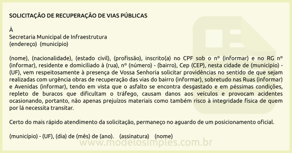 Modelo de Solicitação de Recuperação do Asfalto de Vias Públicas