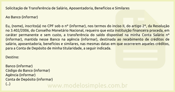 Modelo de Solicitação de Transferência Automática de Conta 