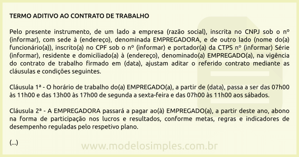 Modelo de Termo Aditivo ao Contrato de Trabalho