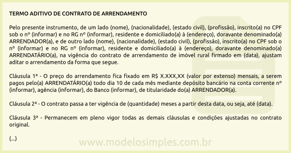 Modelo de Termo Aditivo de Contrato de Arrendamento