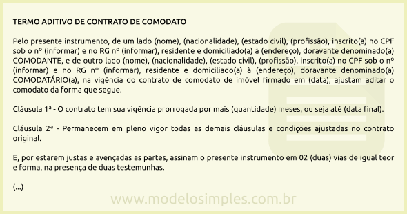 Modelo de Termo Aditivo de Contrato de Comodato