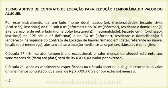 Modelo de Termo Aditivo de Contrato de Locação para Redução do Aluguel