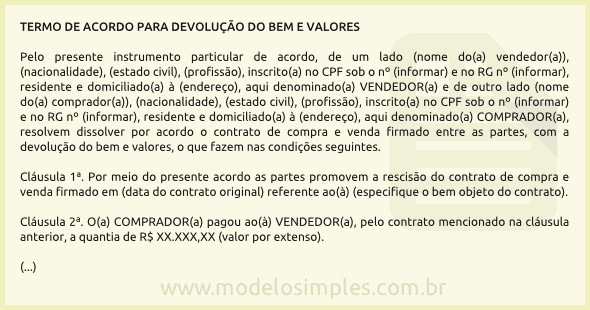 Modelo de Termo de Acordo para Devolução do Bem e Valores