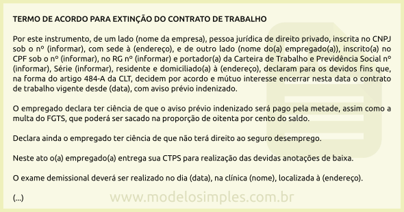 Modelo de Termo de Acordo para Extinção do Contrato de 