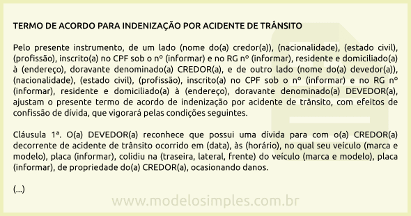 Modelo de Termo de Acordo para Indenização por Acidente de Trânsito