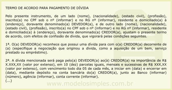 Modelo de Termo de Acordo para Pagamento de Dívida