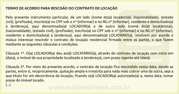 Modelo de Termo de Acordo para Rescisão do Contrato de Locação