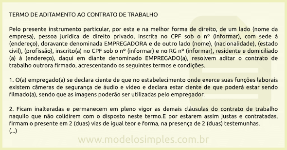 Modelo de Termo de Aditamento ao Contrato de Trabalho