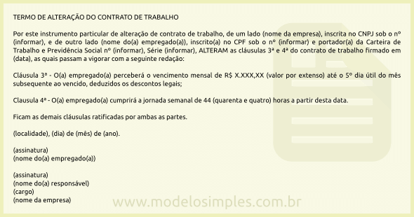 Modelo de Termo de Alteração do Contrato de Trabalho