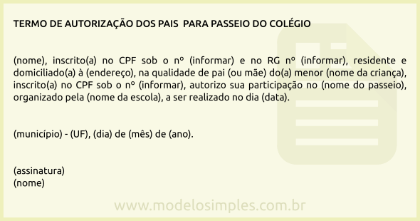 Modelo de Termo de Autorização dos Pais para Passeio do Colégio