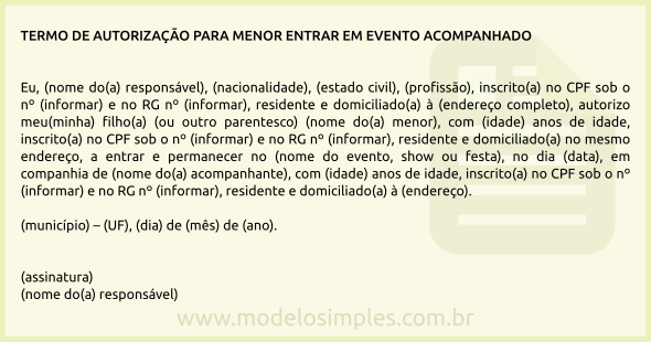 Modelo de Termo de Autorização para Menor Entrar em Evento Acompanhado