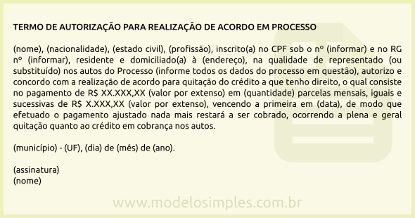 Modelo de Termo de Autorização para Realização de Acordo em Processo