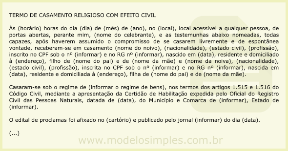 Modelo de Termo de Casamento Religioso com Efeito Civil