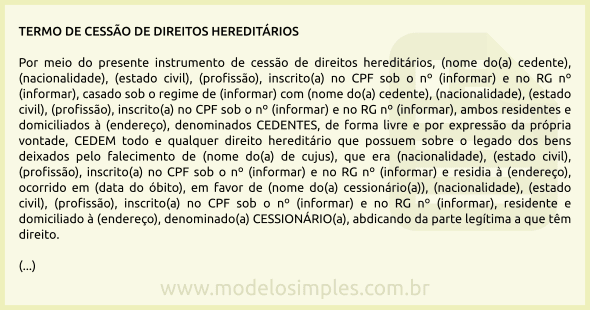 Modelo de Termo de Cessão de Direitos Hereditários