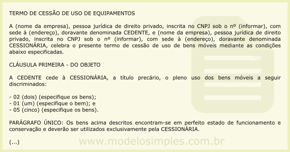 Modelo de Termo de Cessão de Uso de Equipamentos