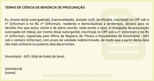 Modelo de Termo de Ciência de Renúncia de Procuração