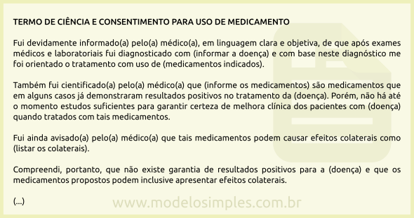 Modelo de Termo de Ciência e Consentimento para Uso de Medicamento