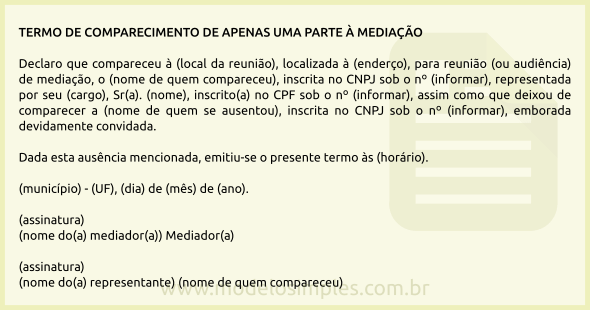 Modelo de Termo de Comparecimento de Apenas Uma Parte à Mediação