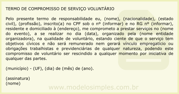 Modelo de Termo de Compromisso de Serviço Voluntário