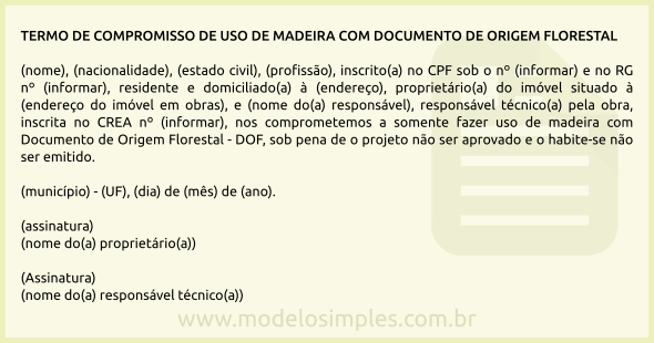 Modelo de Termo de Compromisso de Uso de Madeira com Documento de Origem Florestal