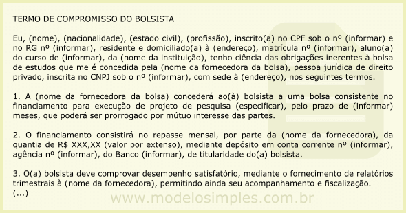 Modelo de Termo de Compromisso do Bolsista para Projeto de Pesquisa