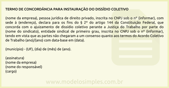 Modelo de Termo de Concordância para Instauração do Dissídio Coletivo