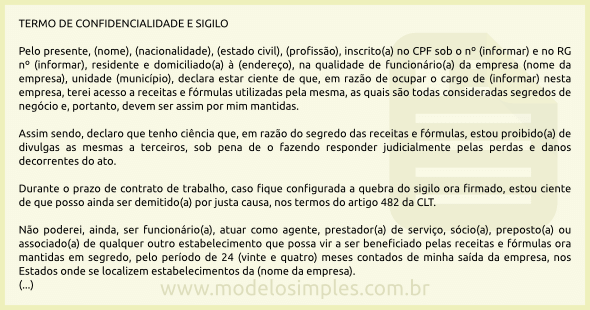 Modelo de Termo de Confidencialidade e Sigilo