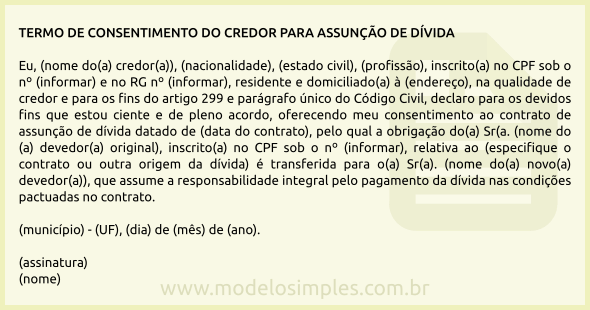 Modelo de Termo de Consentimento do Credor para Assunção de Dívida