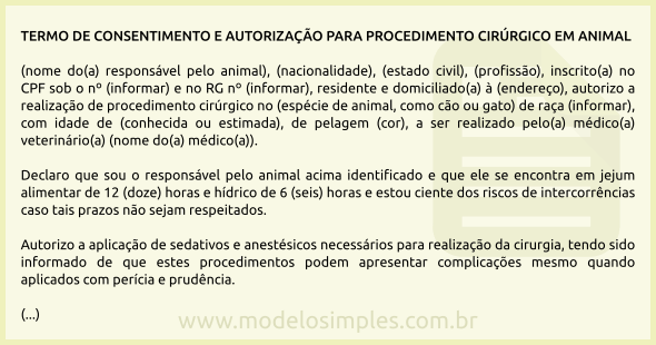 Modelo de Termo de Consentimento e Autorização para Cirurgia em Animal